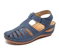 HHZY Sandales Femme Été Confortable Talon Compensées Nu-Pieds Mode Chaussure Orthopédique Bout Fermé Plateforme Cuir PU Grande Taille Chaussures de Plage,Bleu,42