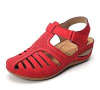 HHZY Sandales Femme Été Confortable Talon Compensées Nu-Pieds Mode Chaussure Orthopédique Bout Fermé Plateforme Cuir PU Grande Taille Chaussures de Plage,Rouge,35