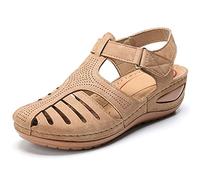 HHZY Sandales Femme Été Confortable Talon Compensées Nu-Pieds Mode Chaussure Orthopédique Bout Fermé Plateforme Cuir PU Grande Taille Chaussures de Plage,Beige,42