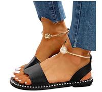 HHZY Sandales Femme Été Confortable Talon Plates Nu-Pieds Mode Chaussure Bout Ouvert Cuir PU Grande Taille Claquettes Plats avec Perles Chaussures de Plage,Noir,US11/EU42