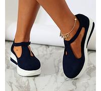 HHZY Sandales Talon Compensé Mode Femme Été Sandales en Daim Plateforme Bout Fermé Casual Mocassins Sandales avec Bride Cheville Chaussures Plage,Noir,37