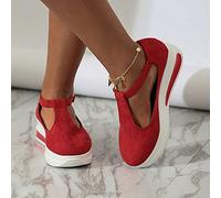 HHZY Sandales Talon Compensé Mode Femme Été Sandales en Daim Plateforme Bout Fermé Casual Mocassins Sandales avec Bride Cheville Chaussures Plage,Rouge,37