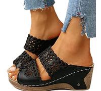 HHZYT Mules et Sabots Compensés pour Femmes Sandales Plateforme D'été Brodée Confortable Sandales Antidérapantes À Bout Ouvert Pantoufles Chaussures de Marche de Plage,Noir,US5/EU36