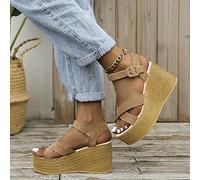 HHZYT Sandale Plateforme Femme Eté Mode Sandales Espadrilles Compensées Casual Sandales Bout Ouvert avec Bride À La Cheville Chaussures de Plage,Marron,US5/EU36