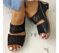 HHZYT Sandales À Plateforme en Cuir pour Femmes Pantoufles À Bout Ouvert Confortables Brodées de Fleurs Chaussures D'été Compensées Casual Mules Jardin Chaussures de Plage,Noir,US7/EU38