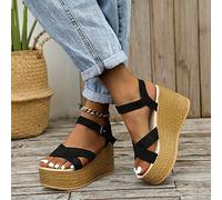 HHZYT Sandales Compensées Femme Espadrilles À Plateforme avec Bride À La Cheville Sandales Bout Ouvert Talon Haut D'été Chaussures de Plage,Noir,US9/EU40