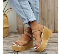 HHZYT Sandales Compensées Femme Espadrilles À Plateforme avec Bride À La Cheville Sandales Bout Ouvert Talon Haut D'été Chaussures de Plage,Marron,US8/EU39