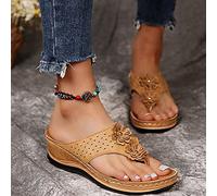 HHZYT Sandales Plates Femme 2022 Été Tongs Compensées Cuir Fleurs Flip Flops avec Support de L'arche Pantoufles À Bout Ouvert Chaussure de Plage Confortables,Marron,US7/EU38