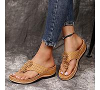 HHZYT Tongs de Compensée pour Femmes avec Fleurs Sandales Confortables À Bout Clip avec Support de L'arche Chaussures de Plage D'été Décontractées,Marron,US5/EU36
