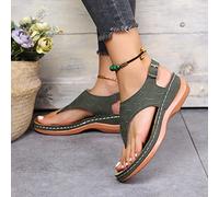 HHZYT Tongs Femme Sandales en Cuir Mode Été Flip Flops Talon Plates Compensées À Boucle Confortables Sabots Chaussure Plage Vacances avec Bride À La Cheville,Vert,US6/EU37