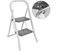 HI 40413 Escabeau pliant avec 2 marches et cadre en acier, surfaces de marche 30 x 20 cm, jusqu'à 150 kg, gris/blanc