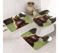 Hi Bear - Lot de 3 tapis de salle de bain assis sur la pelouse - Tapis de sol de toilette en forme de U + tapis de bain antidérapant en microfibre + tapis pour couvercle de toilette - Tapis de bain