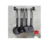 vidaXL Ensemble d'ustensiles de cuisine Kit 6 pièces avec barre, plastique Noir et argenté