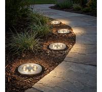 Lampe solaire argentée Lampe d'extérieur ronde, lampe de terrasse LED jardin Lampe de sol résistante aux intempéries, acier inoxydable, 8x LED blanc chaud, DxH 12x14cm, 4 pièces