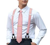 Hi-Tie Ensemble bretelles et cravate en soie pour homme - Bretelles élastiques réglables en Y avec 6 clips solides - Carré de poche, rose, Medium