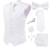 Hi-Tie Ensemble de 5 gilets en soie pour homme avec nœud papillon et boutons de manchette, Cachemire blanc., Medium