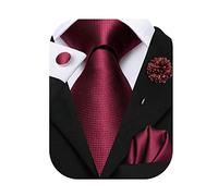 Hi-Tie Ensemble de cravate en soie, carré de poche, boutons de manchette et épingle de revers jacquard pour mariage et affaire pour homme, Bordeaux B, M