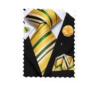 Hi-Tie Ensemble de cravate en soie, carré de poche et boutons de manchette avec épingle de revers en Jacquard pour mariage et affaire - Cravate de mariage pour homme pour usage formel, Jaune/vert, M