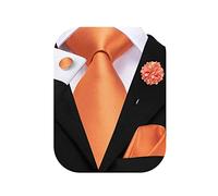 Hi-Tie Ensemble de cravate en soie, carré de poche et boutons de manchette avec épingle de revers en Jacquard pour mariage et affaire pour homme, Orange, M