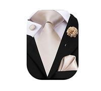 Hi-Tie Ensemble de cravate en soie jacquard pour hommes avec pochette de poche, boutons de manchette et épingle de revers pour mariage et affaire, beige, M