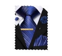 Hi-Tie Ensemble de Cravates pour Homme 4 Pièces Cravate et Pochette Carrée Boutons de Manchette Épingle de Revers Florale Ensemble d'Épingles à Clip pour Mariage Affaires, Bleu B, M