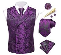 Hi-Tie Ensemble de gilets en soie jacquard pour homme avec poche à revers et cravate pour smoking de mariage, A Prune Violet, M