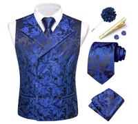 Hi-Tie Ensemble de gilets en soie jacquard pour homme avec poche à revers et cravate pour smoking de mariage, C Bleu roi, XXL