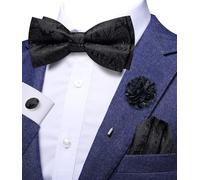 Hi-Tie Ensemble de nœuds papillon en soie pré-noués pour hommes avec clip - Nœud papillon réglable pour hommes, épingle à revers fleur, mouchoir de poche et boutons de manchette, Noir B, M