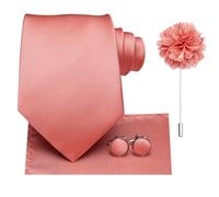 Hi-Tie Ensembles de cravates pour homme avec pochette, épingles de revers et boutons de manchette en soie tissée pour mariage et soirées formelles, rose corail, M