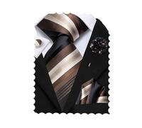 Hi-Tie Lot de 4 cravates en soie pour homme - Motif cachemire - Boutons de manchette carrés - Motif cachemire - Pour mariage, noir/marron, M