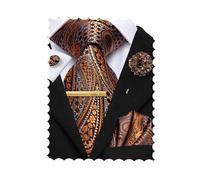Hi-Tie Lot de 4 pièces pour homme - Cravate et pochette de costume, boutons de manchette, épingle à revers florale avec clip - Pour mariage et affaires, Marron, bleu., M