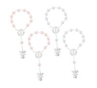 HIAKDOFT Bracelet Chapelet pour Bébé avec Pendentif Ange, Lot de 4 Pièces Blanc et Rose Clair, Acrylique Lisse Doux pour Peau, Présents de Baptême Fille, Décorations Fête Prénatale