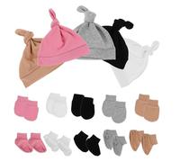 HIAKDOFT Ensemble 5 Pièces Bonnet Moufles et Chaussettes -Né 0-6 Mois Tissu Doux Respirant Couleurs Unies Accessoires Bébé Garçon Fille Hiver Printemps