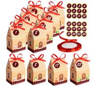 HIAKDOFT Lot de 24 Paquet Présents de Noël en Carton Forme Maison 24 Autocollants Numérotés et 1 Rouleau de Ruban Rouge Petits Paquet d'Emballage de Bonbons pour Fête et Décoration