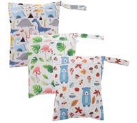HIAKDOFT Lot de 3 Pochettes Imperméables pour Couches Bébé à Langer, Petite Taille, Fermeture Éclair Étanche, Tissu TPU Solide, Lavable, Voyage et Plage, Motifs Ours, Dinosaure, Feuilles