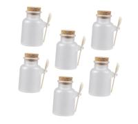 HIAKDOFT Lot de 6 Sets de Bocaux à Poudre 100 G Cuillère en Bois et Bouchon en Liège Hermétique, Flacons Transparents Dépoli Rechargeables pour Masque Visage et Sels de Bain, Kit Soins