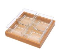 HIAKDOFT Plateaux à Fruits en Verre Transparent 4 Compartiments sans Couvercle Support en Bois Assiettes en Verre pour Apéritifs Fruits Secs et Noix Service Polyvalent pour Maison et