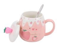 HIAKDOFT Tasse en Céramique Motif Fraise avec Couvercle et Cuillère Capacité Moyenne Couleur Rose pour Café Thé et Jus Tasse Créative pour Usage Quotidien et Présents Festifs