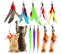 Hianjoo 10 Pièces Jouets Baguette Chat, Accessoires de Rechange | 3 vers Ondulants, 2 Queues Fourrées, 5 Accessoires à Plumes à Clochette, Jouet interactif de chasse pour chats