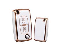 HIBEYO Coque de clé de Voiture Pliante pour Peugeot 1007 206 207 3008 308 Coque de Protection en Silicone TPU pour Citroën Berlingo C1 C2 C3 Jumpy Boîtier de clé à 2 Boutons Doré Blanc