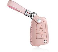 HIBEYO Coque de clé Pliante en Cuir pour clé de Voiture Skoda Golf 7 MK7 Seat Leon Skoda Superb avec Porte-clés Rose