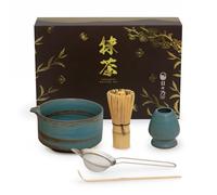HIBINO Ensemble de matcha japonais - Bol à matcha avec bec, fouet à matcha et support, cuillère à matcha en bambou et tamis en acier inoxydable - 5 pièces - Kit à matcha traditionnel - Conçu au Japon