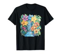 Hibiscus Cascade Tropical Floral Garden Scène T-Shirt