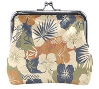 Hibiscus tropical Fleurs Feuilles de Palmier Beige Portefeuille pour Femmes Cuir Mignon Kiss Lock Porte-Cartes de Changement de Cartes pour Pièces 11,5 cm x 10,5 cm
