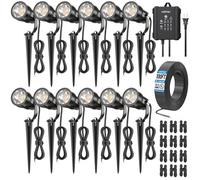 HIBOITEC Lot de 12 éclairages de jardin avec transformateur de 65 W, câble de 30 m et 12 connecteurs, capteur de cellule photoélectrique, projecteur extérieur LED, étanche, minuterie 2700 K, lampes de
