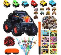 Hiboom Lot de 102 cadeaux de fête en forme de camion : 1 piñata camion, 1 bâton, 1 bandeau pour les yeux, 1 sac de confettis, 24 autocollants à faire soi-même, 12 pailles, 12 véhicules, 50 jouets