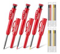 Hiboom Lot de 3 crayons de charpentier avec 24 recharges, taille-crayon mécanique de 2,8 mm pour le travail du bois - Outil de marquage solide à long nez profond (rouge) (lot de 4)