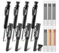 Hiboom Lot de 4 crayons de charpentier avec 36 recharges, taille-crayon mécanique de 2,8 mm pour le travail du bois, outil de marquage solide, long nez profond, crayon de construction (noir)
