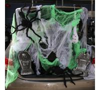 Hiboom Trunk or Treat Halloween Décoration de voiture Araignée et pierres tombales Ensemble comprenant 2 pierres tombales 3 araignées poilues 60 petites araignées réalistes Toile de coton blanche