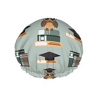 Hibou Bain Bonnet de Douche Mignon Lunettes Graduation Cap Assis Livres Académique Animal Sagesse Bonnets de Douche pour Femmes DoubleBathing Chapeau de Douche Protection des Cheveux Réutilisable